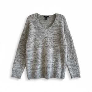 Cupio Fuzzy Boucle V-Neck Split Hem Sweater, Size S, Grey